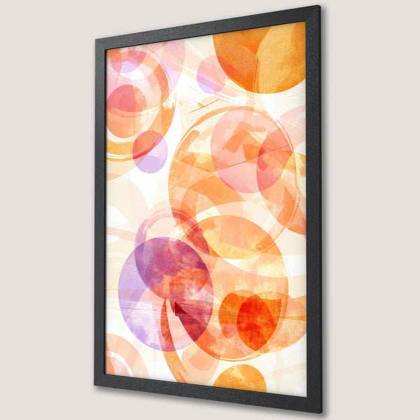 Framed Poster featuring abstract watercolor circles in warm orange, red, and purple hues. Modern art print for home decor.