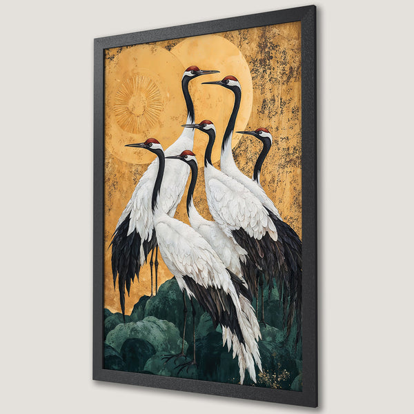 Framed Poster featuring elegant cranes in a Japanese-inspired style, with a gold and teal color palette. Perfect wall art!