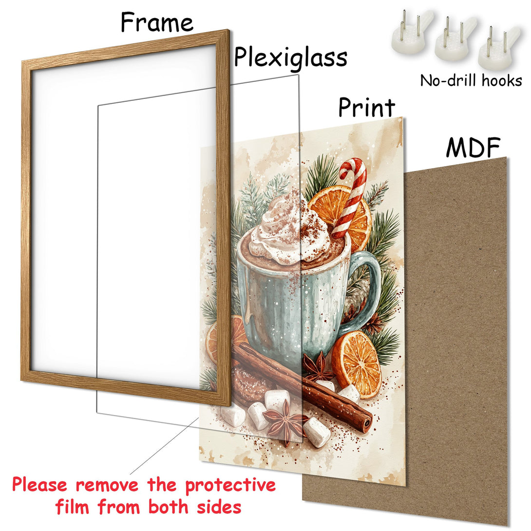 Framed Poster featuring a cozy watercolor illustration of hot chocolate with warm, autumnal colors. Perfect wall art!