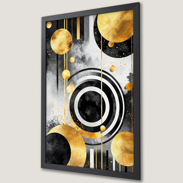 Framed Poster featuring a modern abstract design with gold, black, and white geometric shapes. Stylish wall art for home decor.