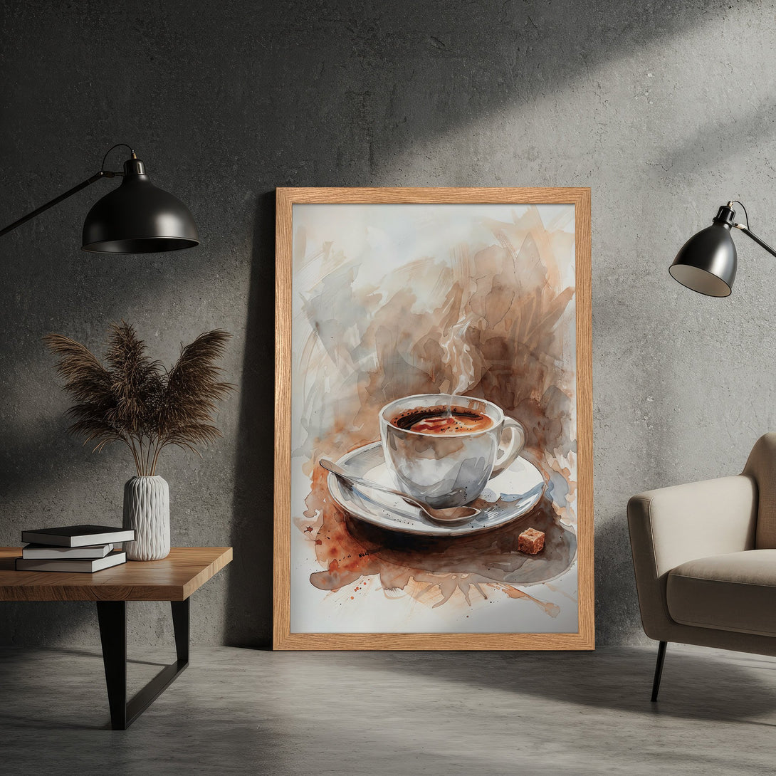 Framed Poster of watercolor coffee cup art. Warm brown and neutral tones, perfect for kitchen or cafe decor.