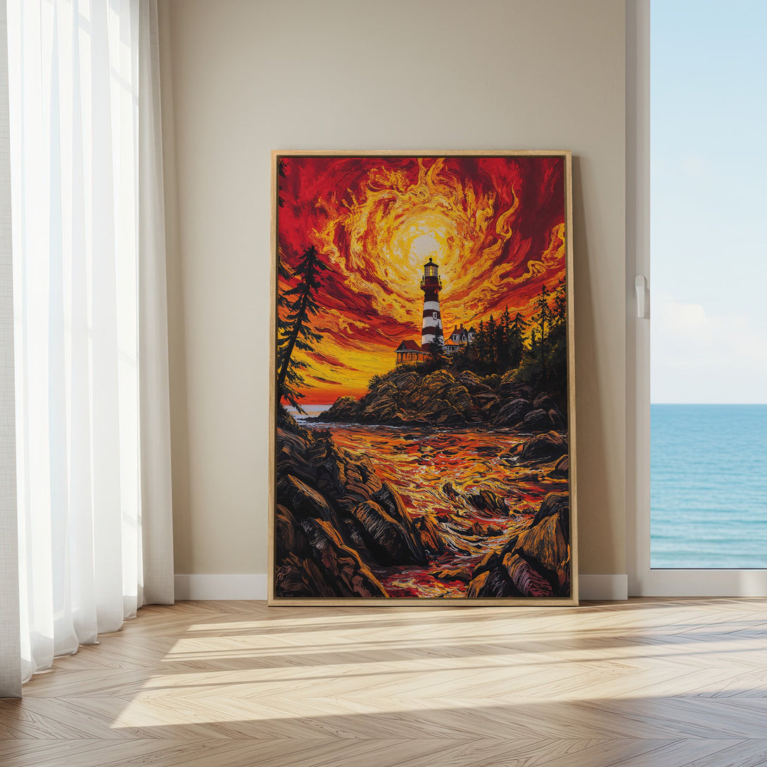Framed Wall Art: Lighthouse painting with fiery sunset. Bold red, orange, and yellow color palette. Coastal art for home decor.