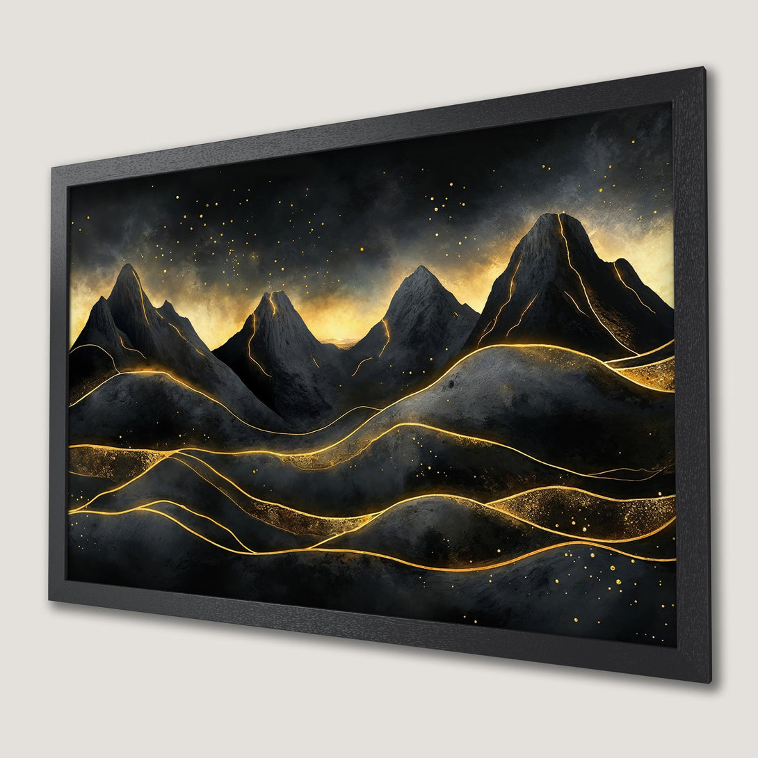 Framed Poster of abstract mountains in black and gold. Modern art print with a dark, moody color palette.