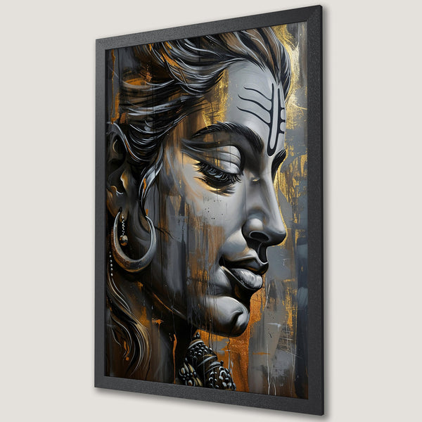 Framed Poster of a serene face with abstract art style, featuring a grey, black, and gold color palette. Perfect wall art!