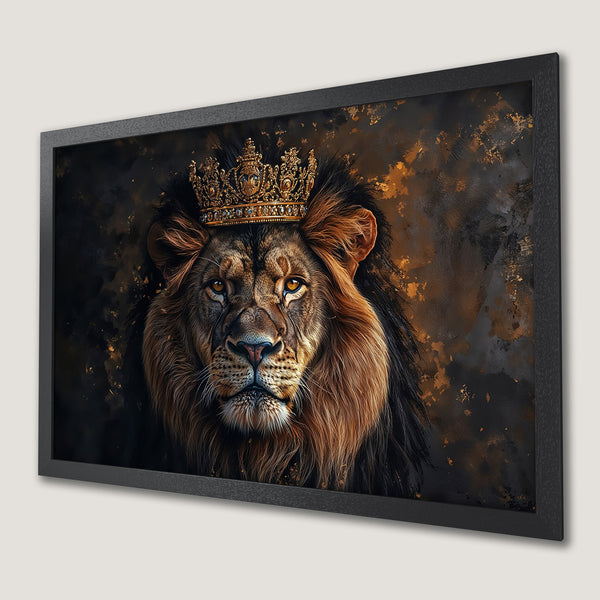 Framed Poster featuring a regal lion with a crown, artistic style, and a dark, golden color palette. Perfect wall art!