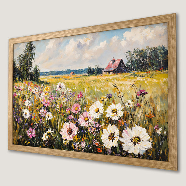 Framed Poster of a vibrant wildflower meadow landscape painting. Features warm, earthy tones with pops of color. Perfect wall art!