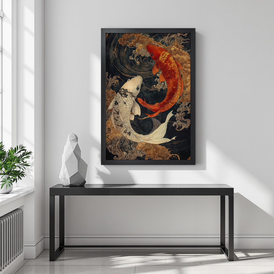 Framed Poster featuring koi fish art in a Japanese style, with a black, orange, and gold color palette. Perfect wall decor!