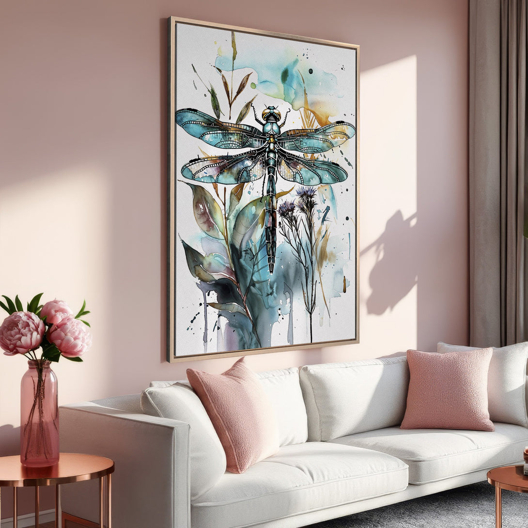 Framed Wall Art featuring a watercolor dragonfly in blue and green hues. Adds a touch of nature and elegance to any space. Perfect for modern decor.