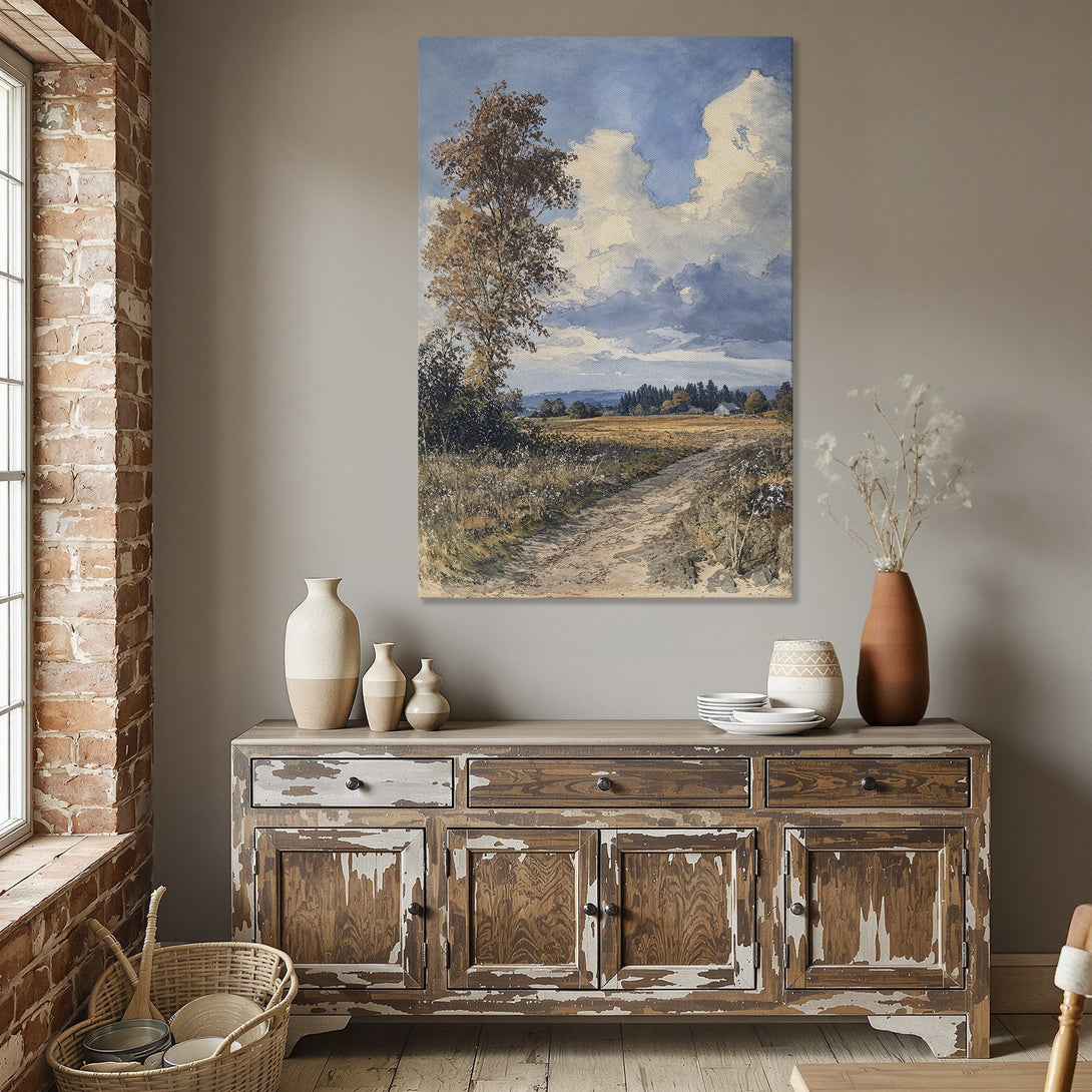 Framed Wall Art: Landscape painting with a path, tree, and cloudy sky. Earthy tones and blue sky create a calming aesthetic. Perfect for home decor.