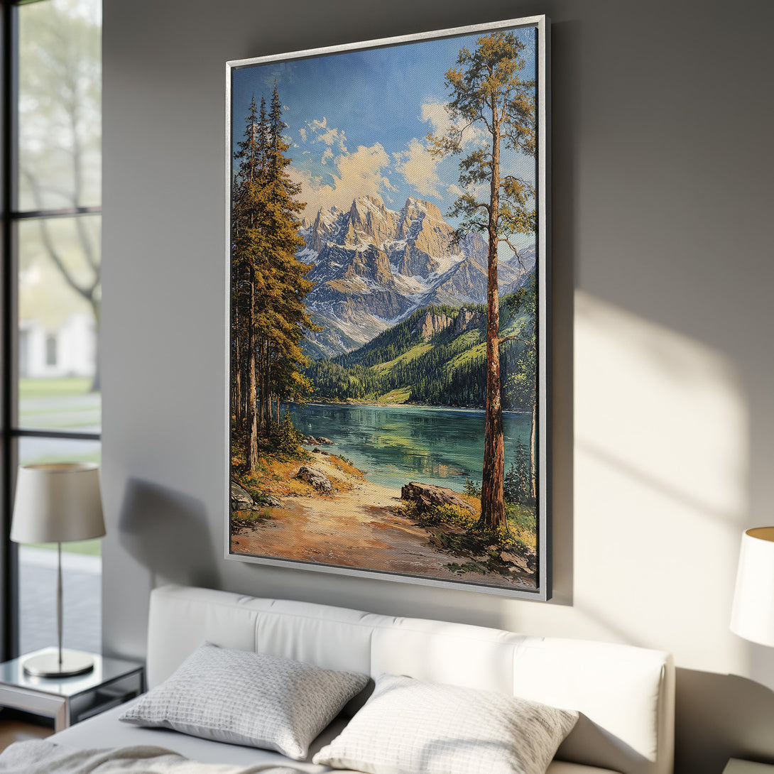 Framed Wall Art: Stunning mountain lake landscape painting in a classic style. Earthy tones of green, brown, and blue add a touch of nature to any room.