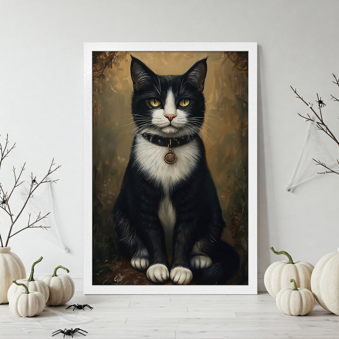 Framed Poster featuring a regal black and white cat, vintage style, warm brown and neutral color palette. Perfect Halloween decor!