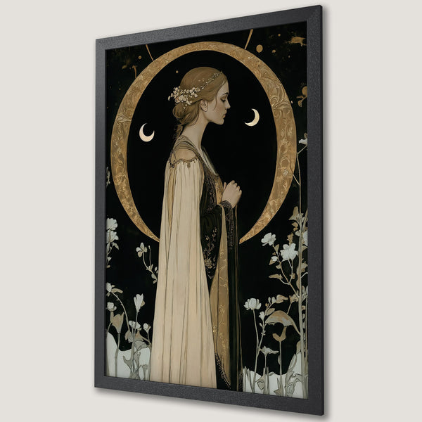 Framed Poster featuring a woman in a flowing gown, art nouveau style, with a black, gold, and cream color palette.