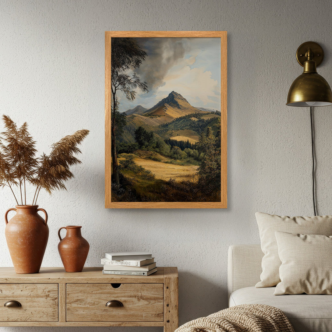 Framed Poster featuring a scenic mountain landscape in a classic painting style with warm earth tones. Perfect wall art!