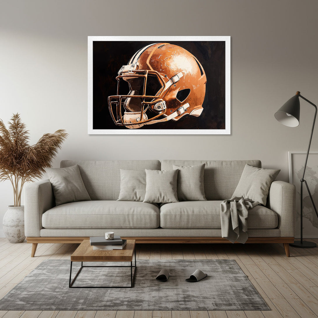 Framed Poster of a football helmet, modern style, warm brown and black color palette. Elevate your space with this art print!