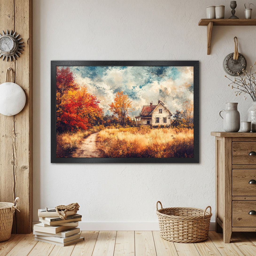 Framed Poster of a rustic landscape with a house, featuring warm autumn colors and a painterly style. Perfect wall art!