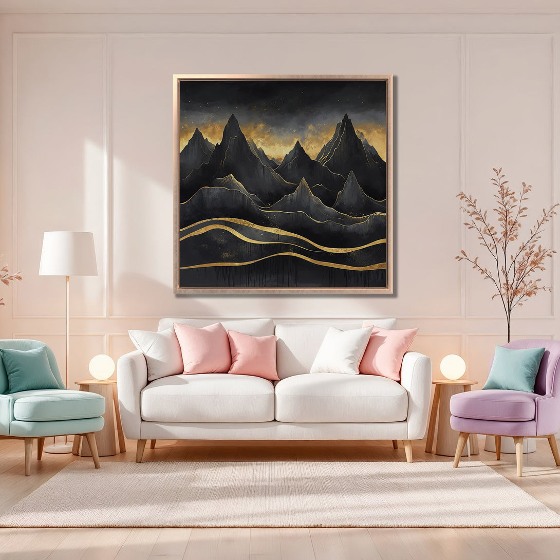Framed Wall Art: Abstract mountain landscape in black and gold. Modern art print for living room decor. Neutral color palette.