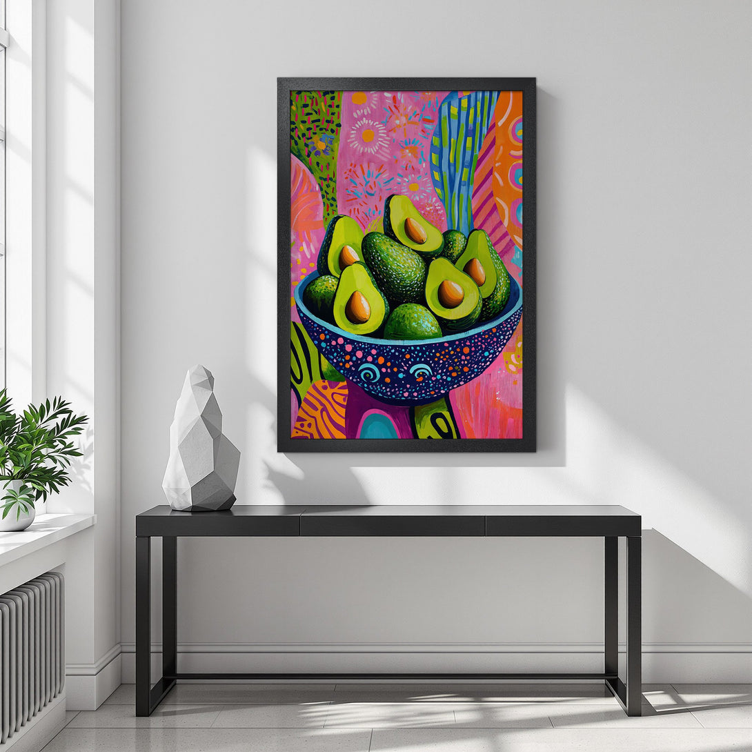 Framed Poster featuring vibrant avocado art. Bold, colorful abstract style. Perfect for kitchen decor.