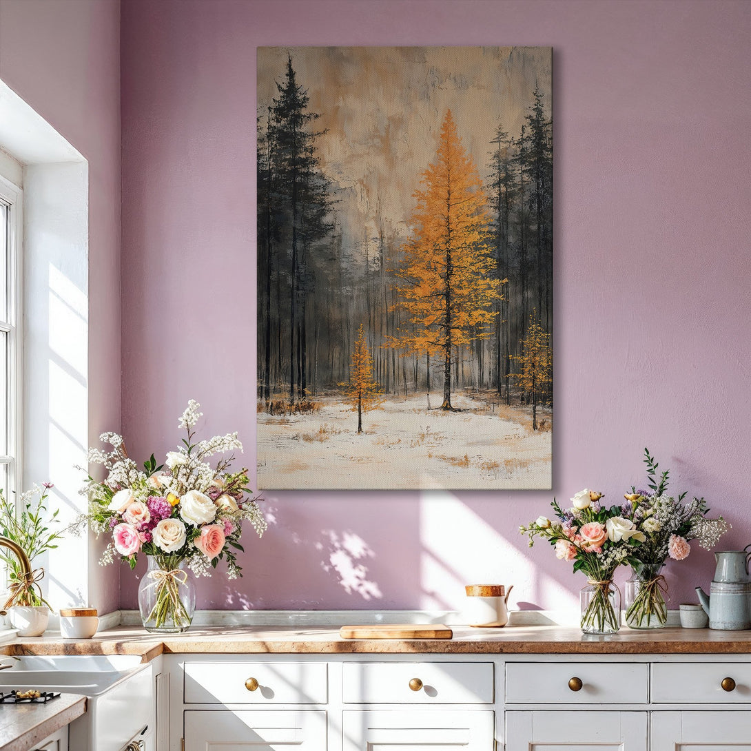 Framed Wall Art: Abstract forest scene in gold, black, and neutral tones. Modern canvas print adds warmth and style to any living room.
