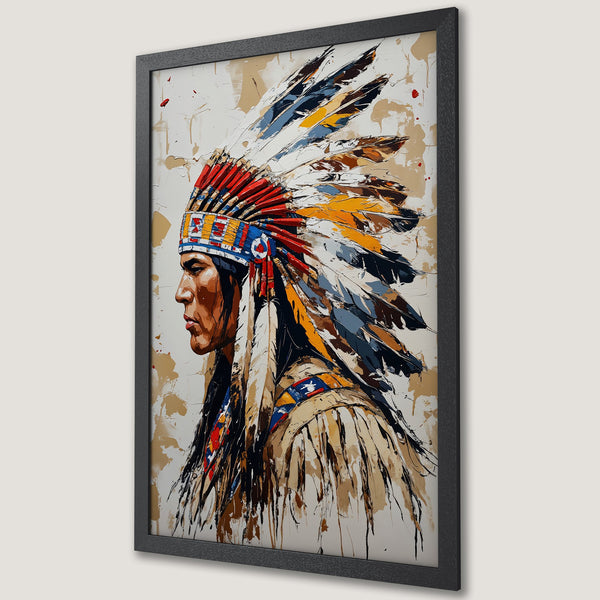 Framed Poster of Native American Chief. Abstract art style with a warm, earthy color palette. Perfect wall decor!
