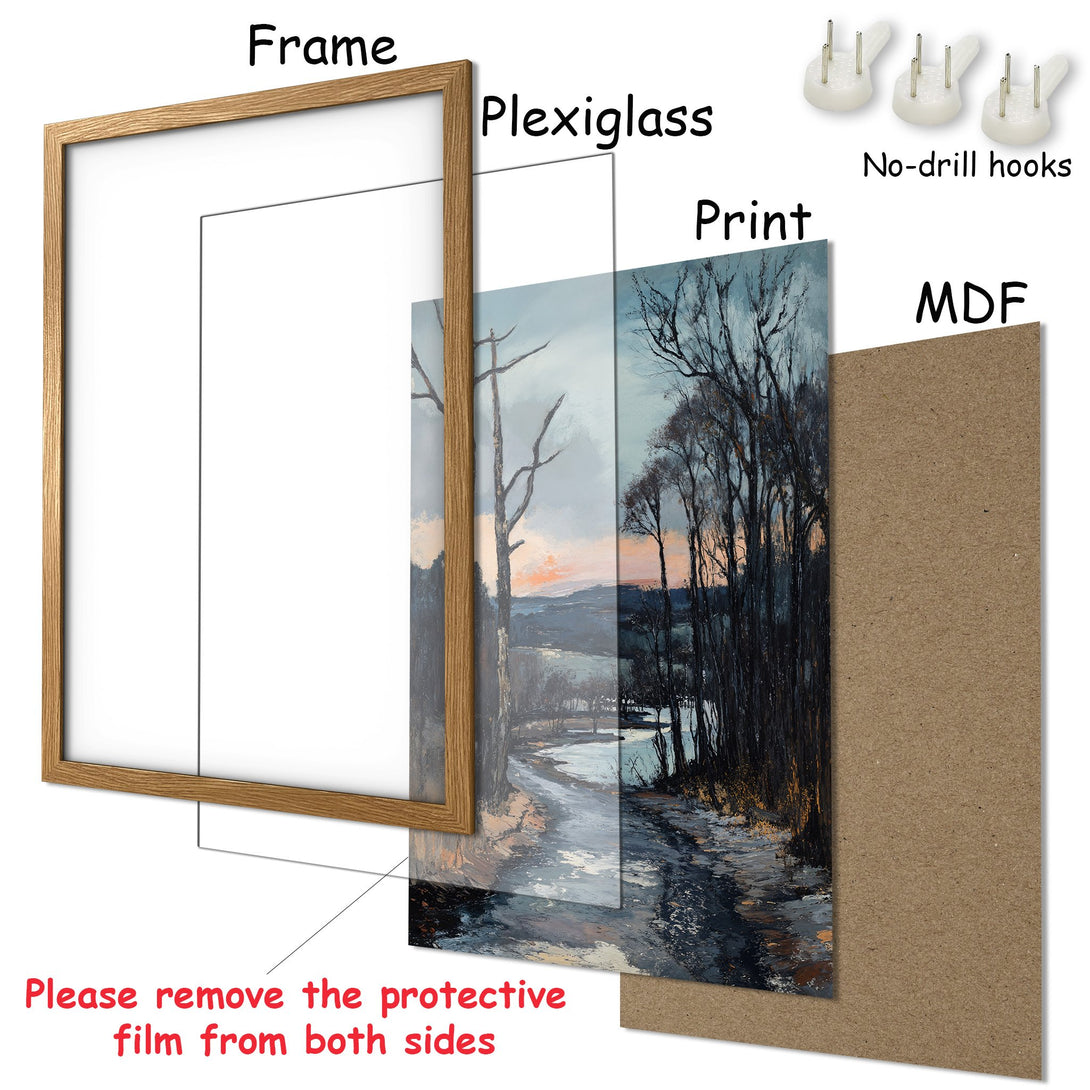 Framed Poster featuring a landscape painting with a muted blue and brown color palette. Perfect wall art for your home!