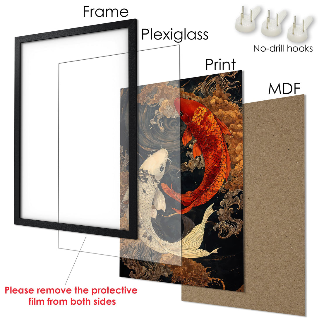 Framed Poster featuring koi fish art in a Japanese style. Rich black, gold, and red color palette. Perfect wall decor!