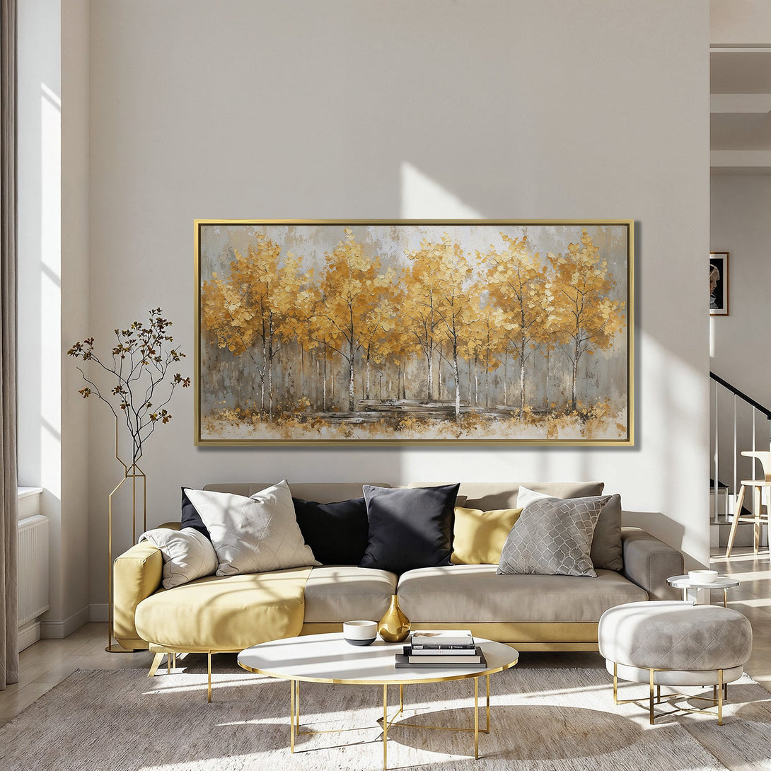 Canvas Print of golden autumn trees, impressionist style, warm gold and grey palette, perfect for living room decor.