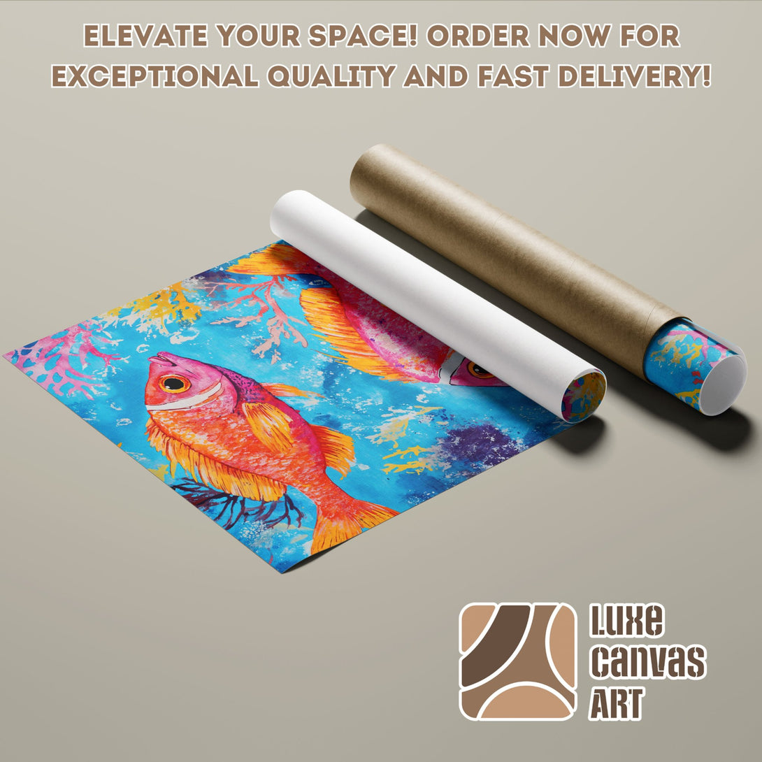 Vibrant fish art Poster Roll in blue, orange, and yellow. Elevate your space!