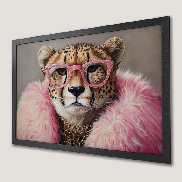 Framed Poster featuring a cheetah in pink glasses and fur. Stylish animal art with a pink and brown color palette. Add a touch of glam to your space!