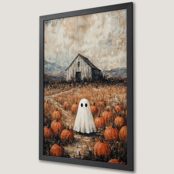 Framed Poster featuring a whimsical ghost in a pumpkin patch. Rustic style with orange, brown, and cream tones. Perfect Halloween decor!