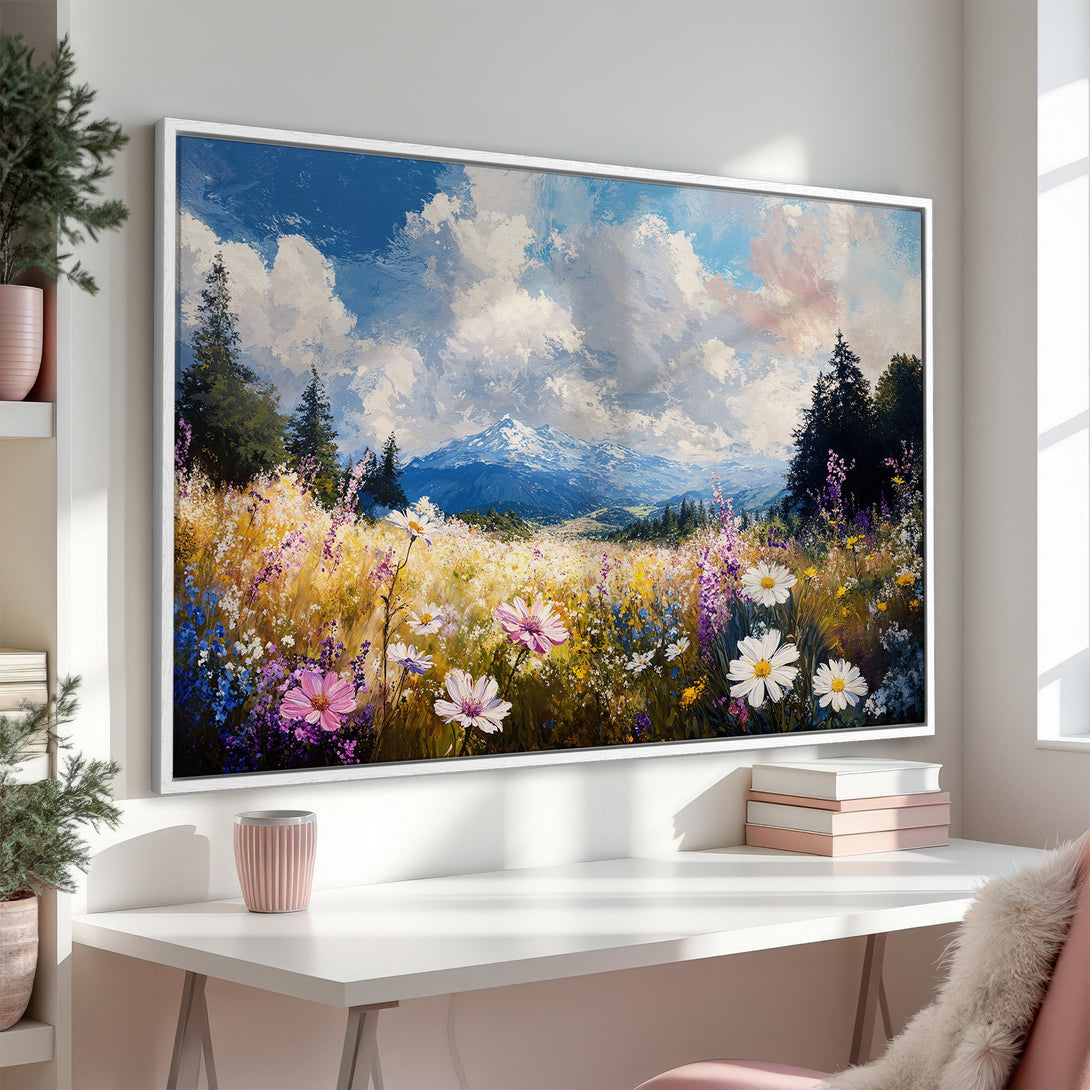Framed Wall Art of a vibrant meadow landscape. Impressionistic style with a colorful palette of blues, greens, yellows, and pinks. Perfect for home decor.