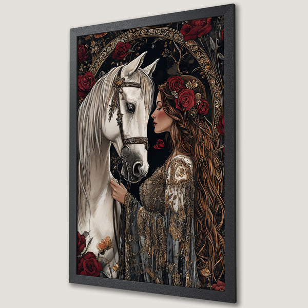 Framed Poster: Woman & white horse art print, romantic style, with red roses & gold accents on a black backdrop. Perfect wall decor.