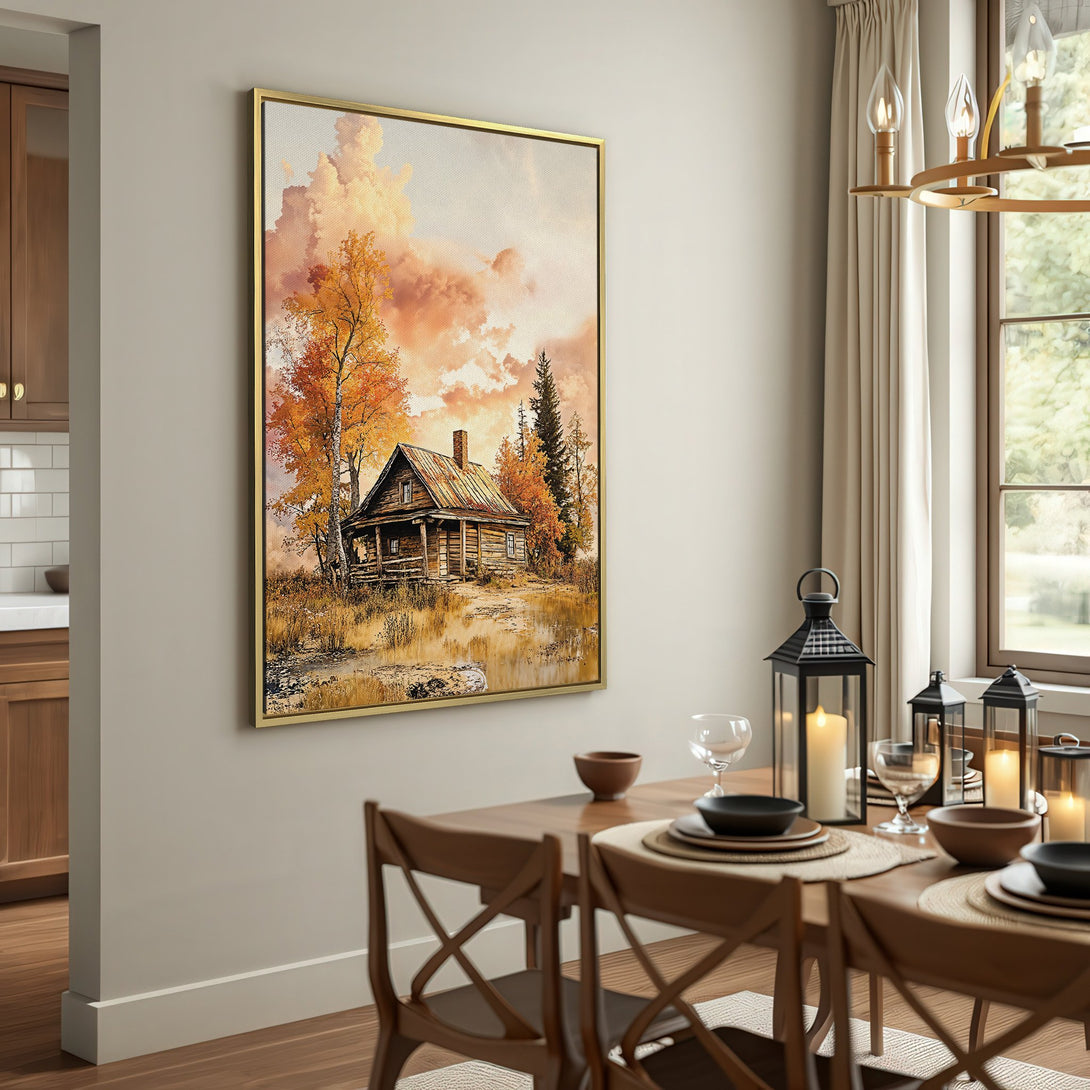 Canvas Print of a rustic cabin in autumn colors. Warm, inviting artwork with a cozy, vintage style. Earthy tones create a relaxing vibe.