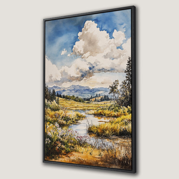 Framed Wall Art: Watercolor landscape of a river scene with mountains, blue sky, and golden hues. Perfect for adding a touch of nature to your home.