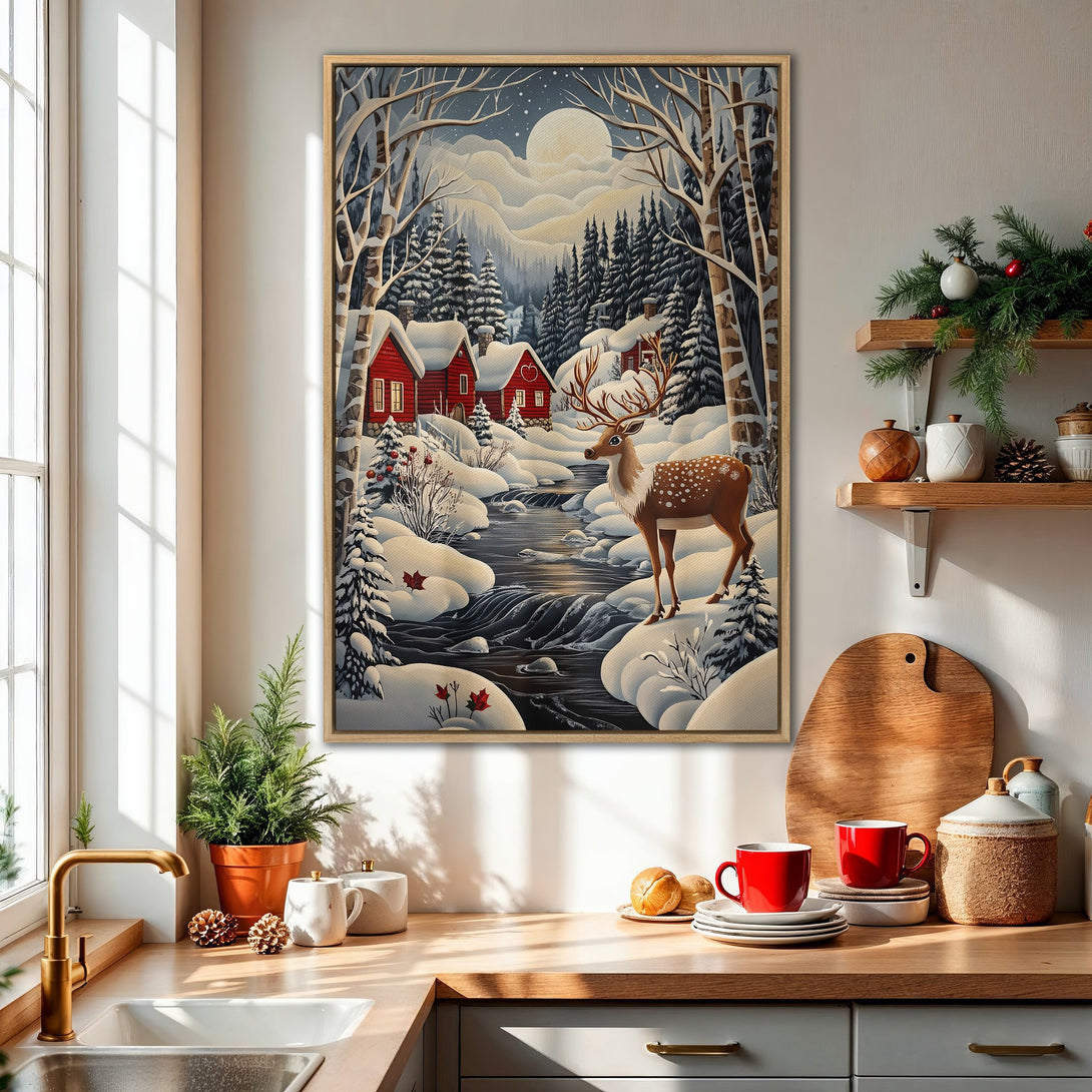 Framed Wall Art: Winter scene with deer, red cabins, and snowy landscape. Cozy, illustrative style with a cool, muted color palette. Perfect for holiday decor.