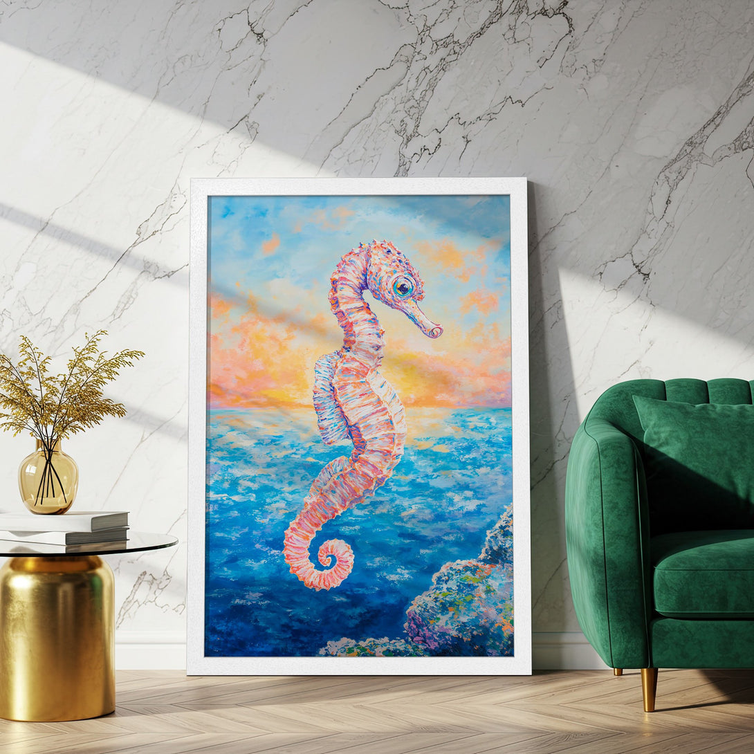 Framed Poster featuring a colorful seahorse painting in an impressionistic style with a blue, orange, and pink palette. Perfect wall art!