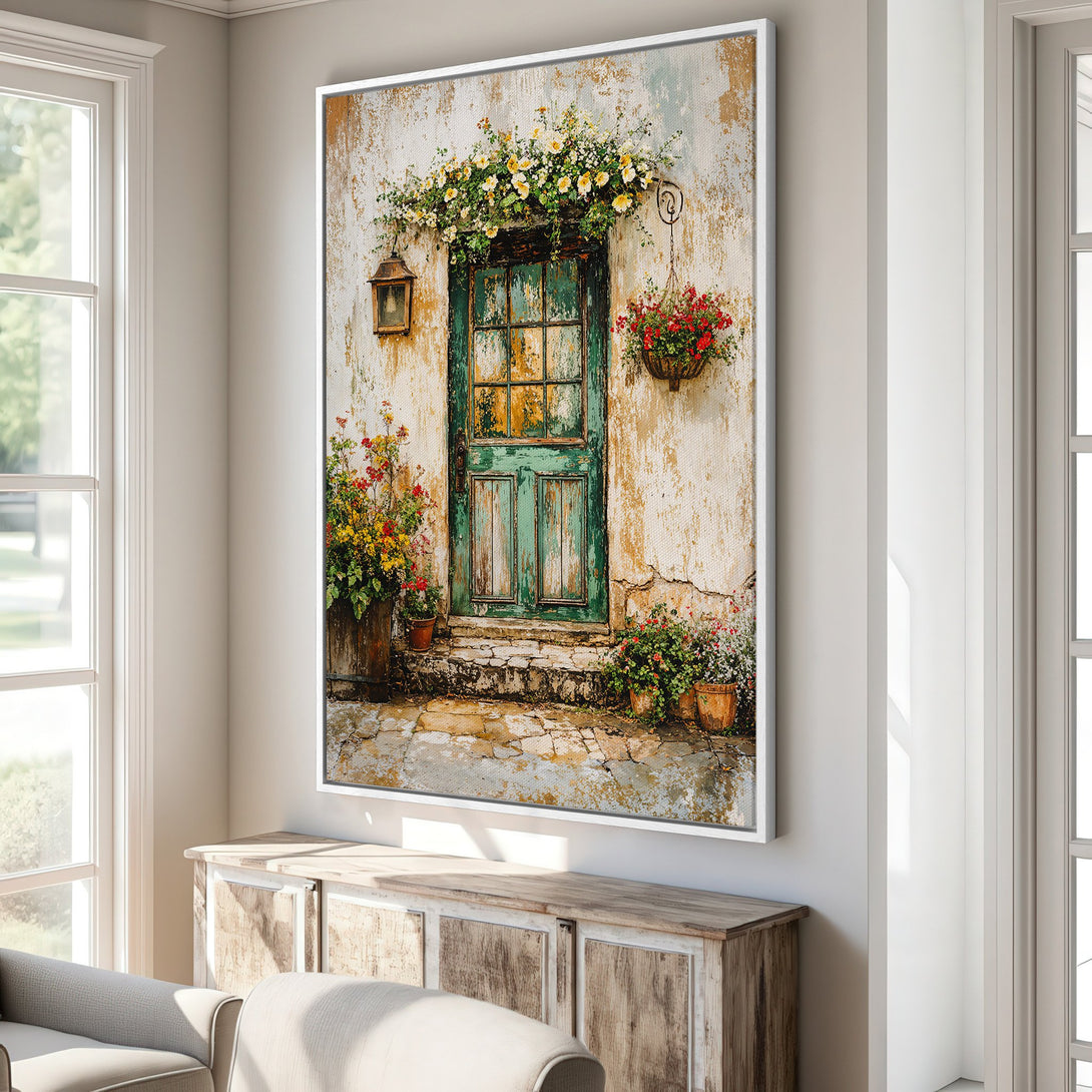Framed Wall Art: Rustic door with flowers, vintage style, warm color palette. Perfect for adding character to your home decor.