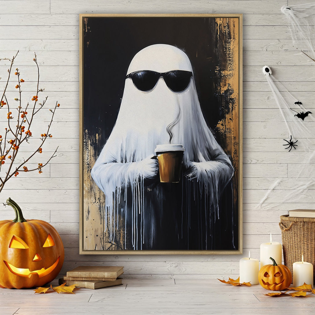 Framed Wall Art: Cool ghost with sunglasses enjoying coffee. Modern art with a black, white, and gold color palette. Perfect Halloween decor.