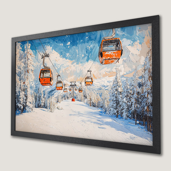 Framed Poster of a ski resort scene in a textured, impressionistic style. Features orange ski lifts against a blue & white winter landscape.