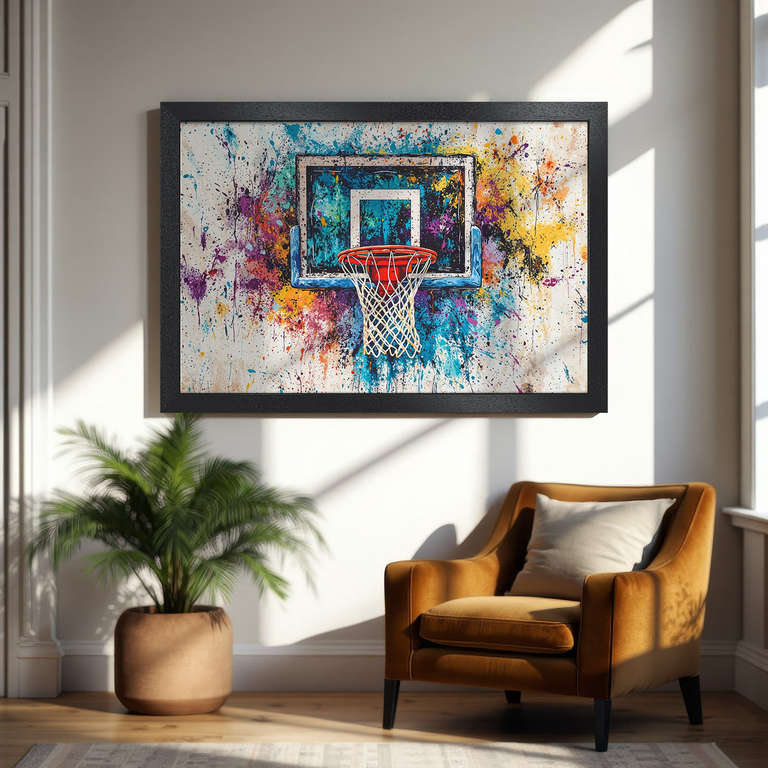Framed Poster featuring a vibrant basketball hoop art print with a colorful splatter style. Perfect wall decor for sports fans!