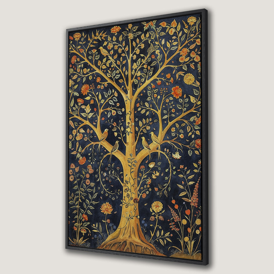 Framed Wall Art featuring a golden tree of life design with birds, set against a dark blue background. A beautiful and elegant addition to any home decor.