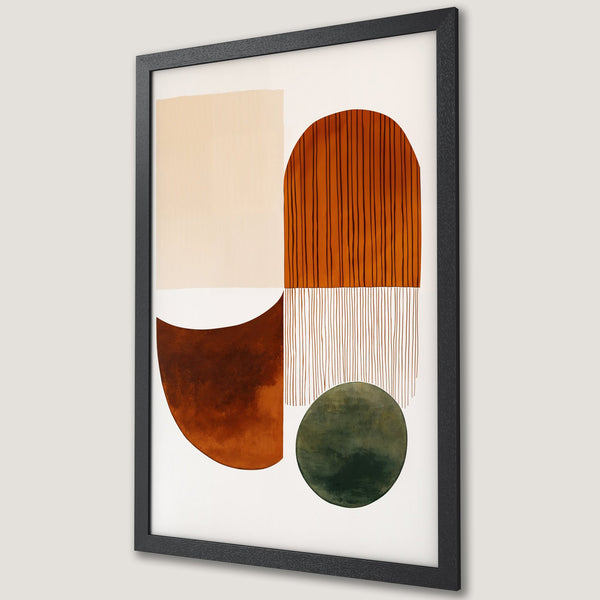 Framed Poster featuring abstract geometric art in warm earth tones. Modern wall decor for your home.
