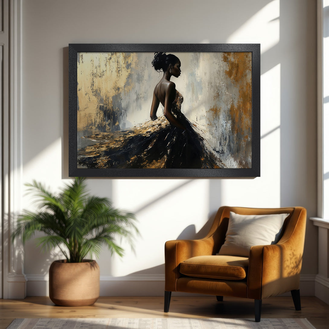 Framed Poster featuring abstract black and gold floral art. Modern style, neutral color palette. Perfect wall decor!