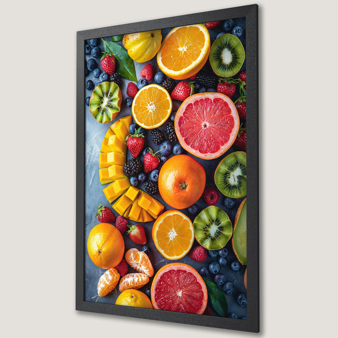 Framed Poster featuring a vibrant fruit arrangement with oranges, kiwi, and berries. Modern style, colorful palette. Perfect kitchen art!
