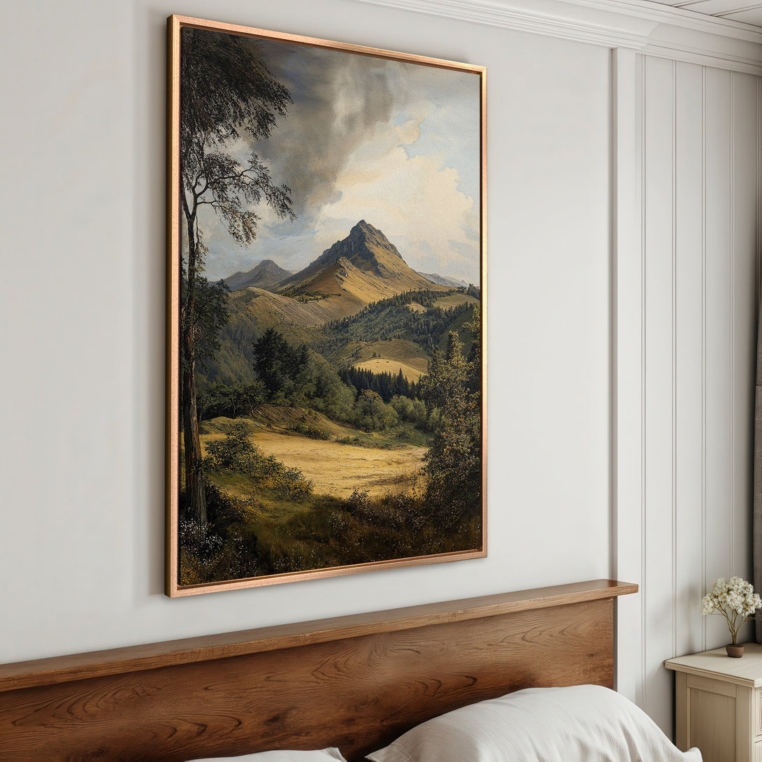 Framed Wall Art: Mountain landscape painting in warm earth tones. Classic style canvas print adds a touch of nature to any room. Shop now!