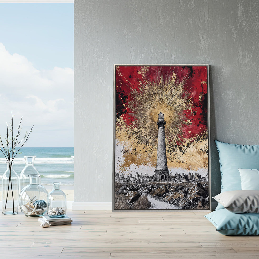 Framed Wall Art featuring a lighthouse, with a striking red, gold, and black abstract background. Coastal style art for a modern interior.