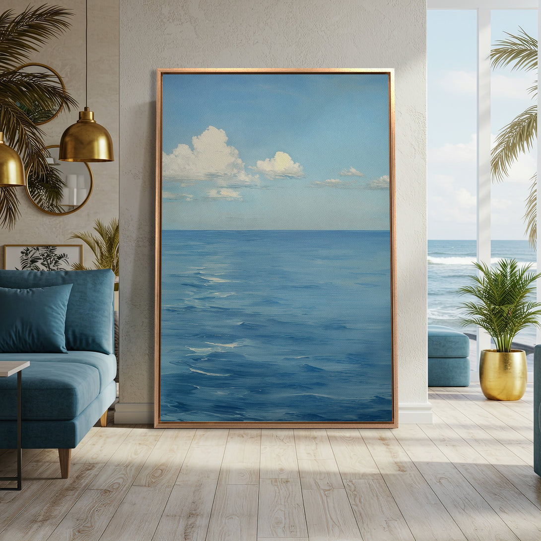 Framed Wall Art: Ocean landscape painting in blue hues. Coastal art for a serene home. Canvas print with a calming, impressionistic style.