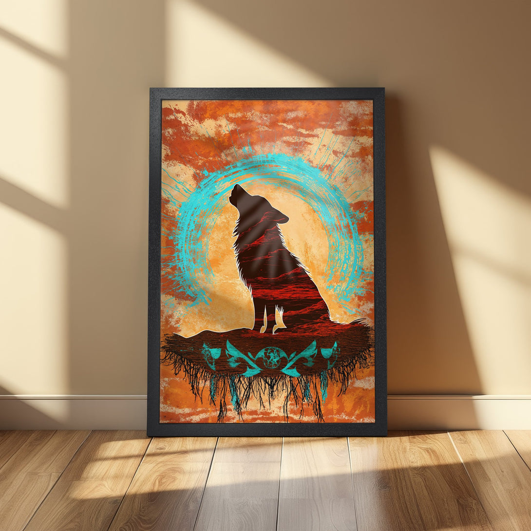 Framed Poster featuring a howling wolf silhouette in a vibrant orange, red, and teal color palette. Modern art style, perfect for home decor.