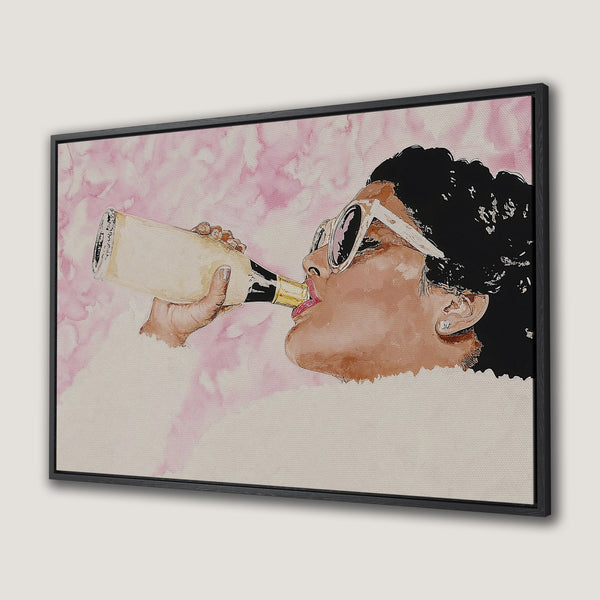 Framed Wall Art: Watercolor portrait of a woman drinking champagne, soft pink & neutral color palette. Stylish decor for any space.