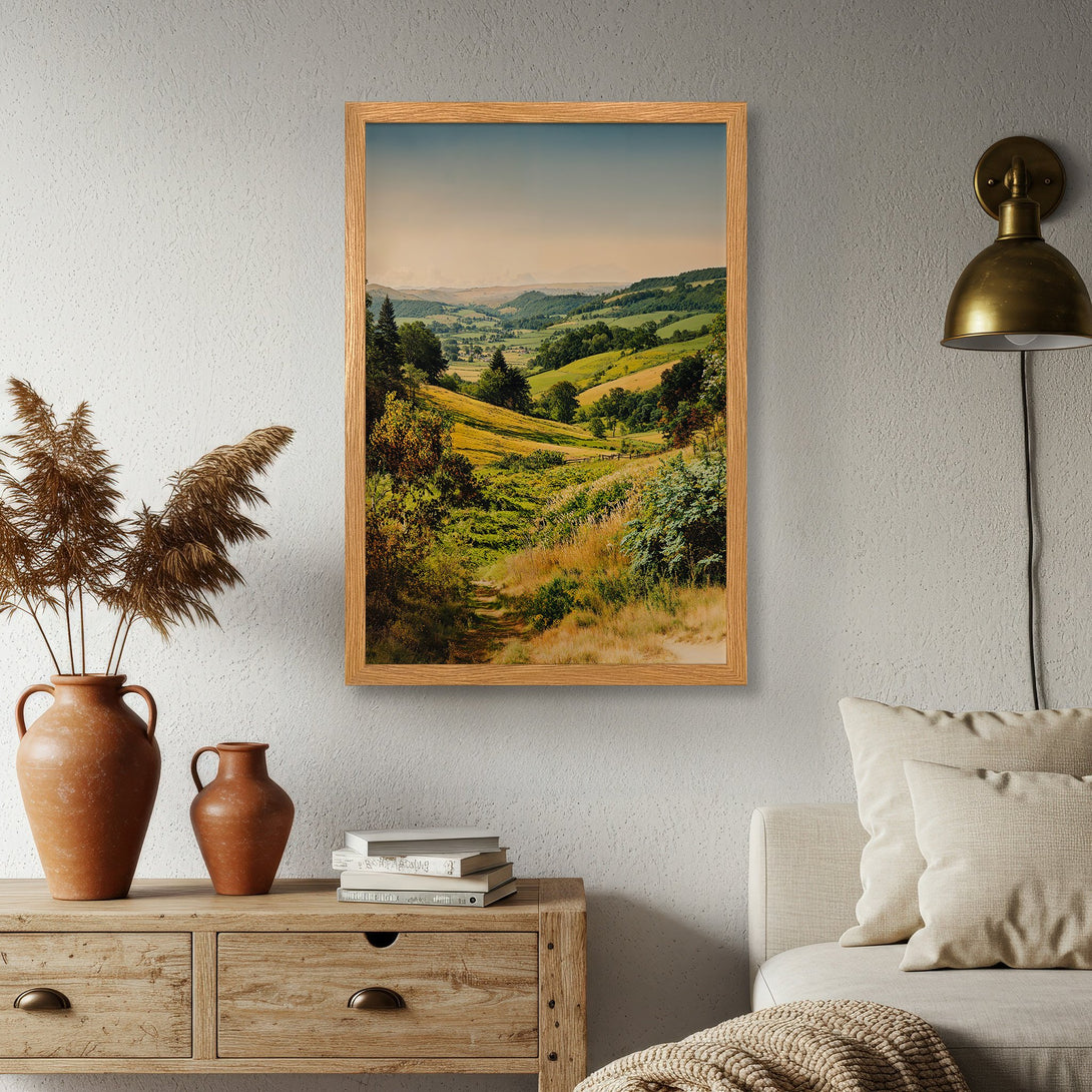 Framed Poster of a serene landscape. Warm, earthy tones and a vintage style create a calming atmosphere. Perfect wall art for any home.
