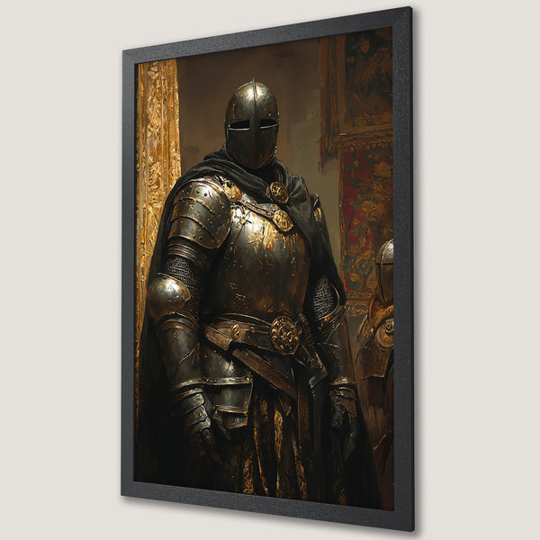 Framed Poster featuring a knight in ornate armor, dark and gold color palette, artistic style. Perfect wall art!